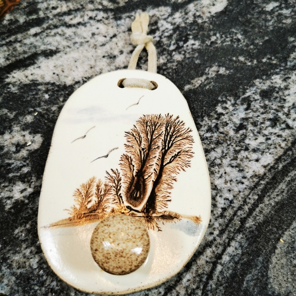 Vintage Irregular Oval Art Pottery Wall Hook with Trees and Birds in Flight - Picture 3 of 13